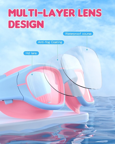 swimming goggles, swim goggles, pool goggles, anti-fog swim goggles, water sports goggles, dive goggles, product launch, brand awareness, minimalist, modern typography, fresh, playful, blue, pink